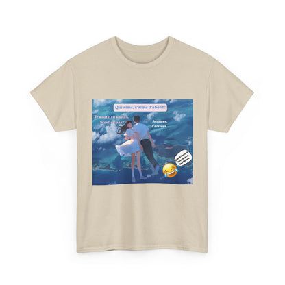 Romantic Couple Anime Tee — French Quote ‘Qui aime, s’aime d’abord’ Graphic T-Shirt