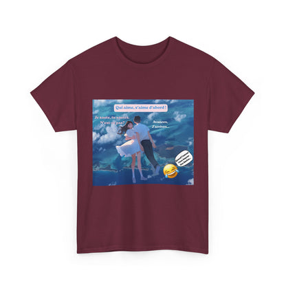Romantic Couple Anime Tee — French Quote ‘Qui aime, s’aime d’abord’ Graphic T-Shirt