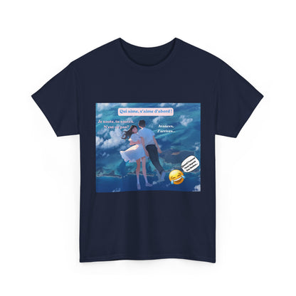 Romantic Couple Anime Tee — French Quote ‘Qui aime, s’aime d’abord’ Graphic T-Shirt