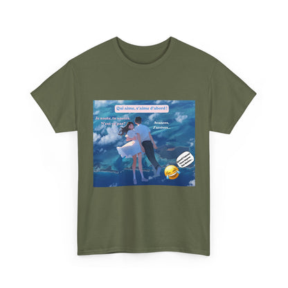 Romantic Couple Anime Tee — French Quote ‘Qui aime, s’aime d’abord’ Graphic T-Shirt