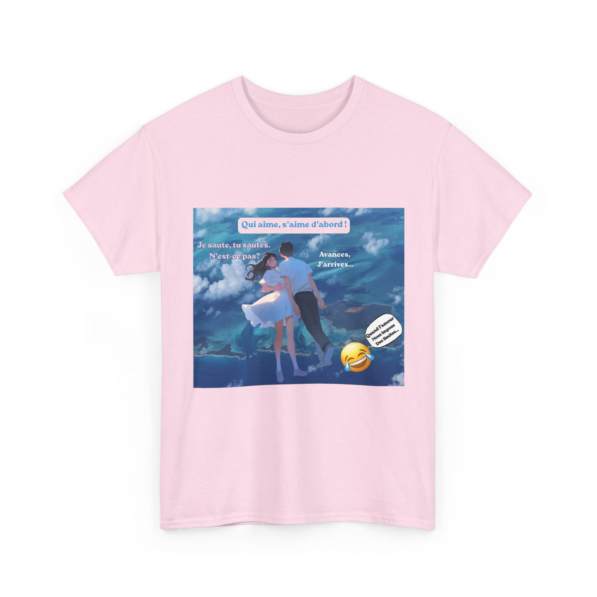 Romantic Couple Anime Tee — French Quote ‘Qui aime, s’aime d’abord’ Graphic T-Shirt