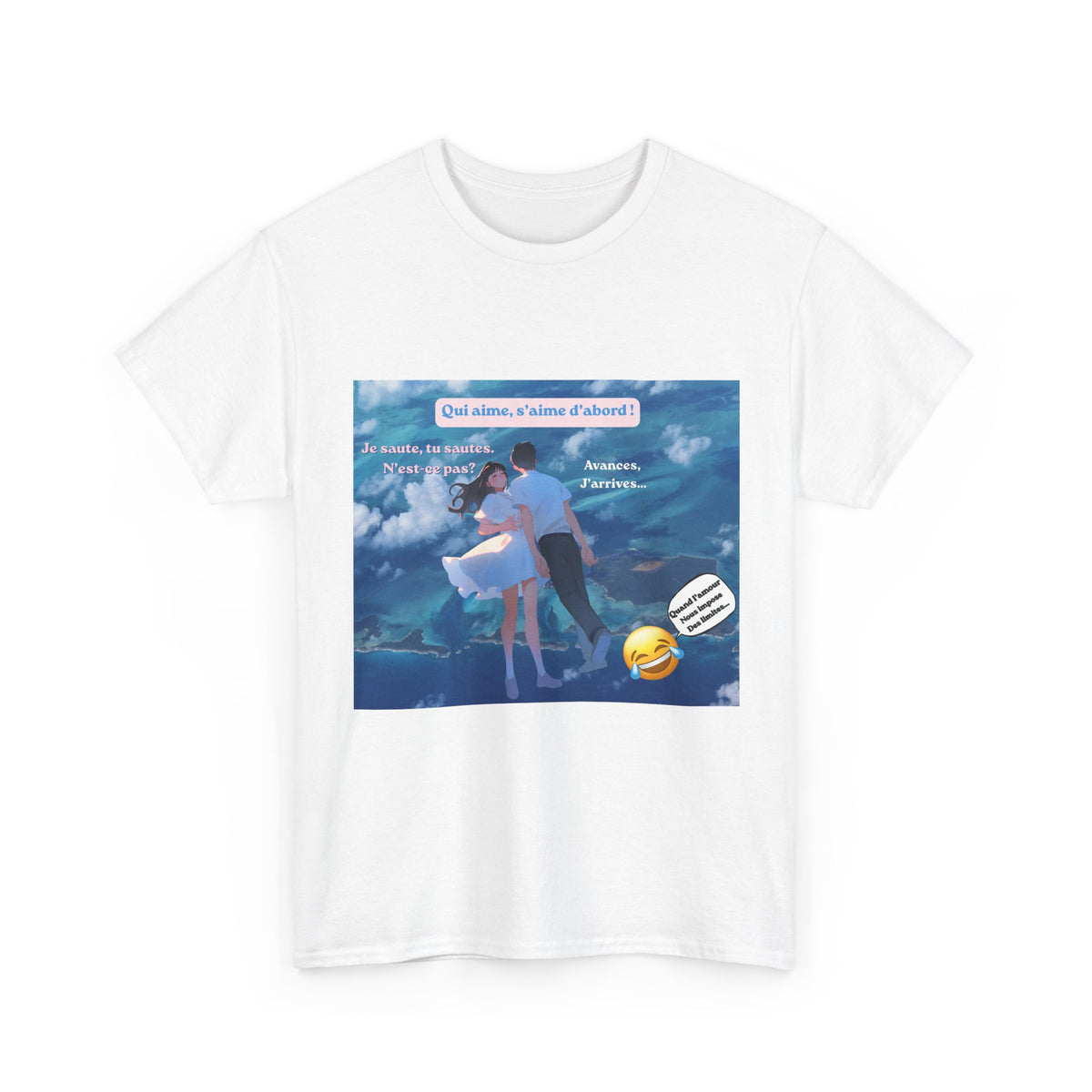 Romantic Couple Anime Tee — French Quote ‘Qui aime, s’aime d’abord’ Graphic T-Shirt