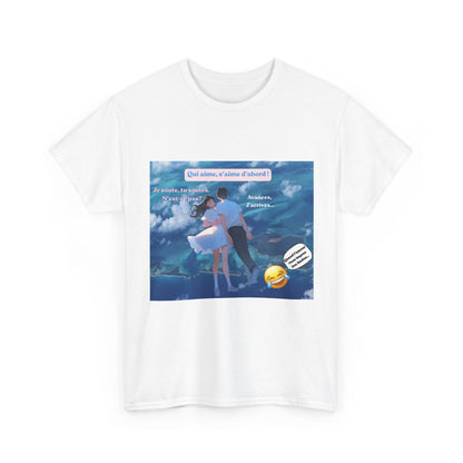 Romantic Couple Anime Tee — French Quote ‘Qui aime, s’aime d’abord’ Graphic T-Shirt