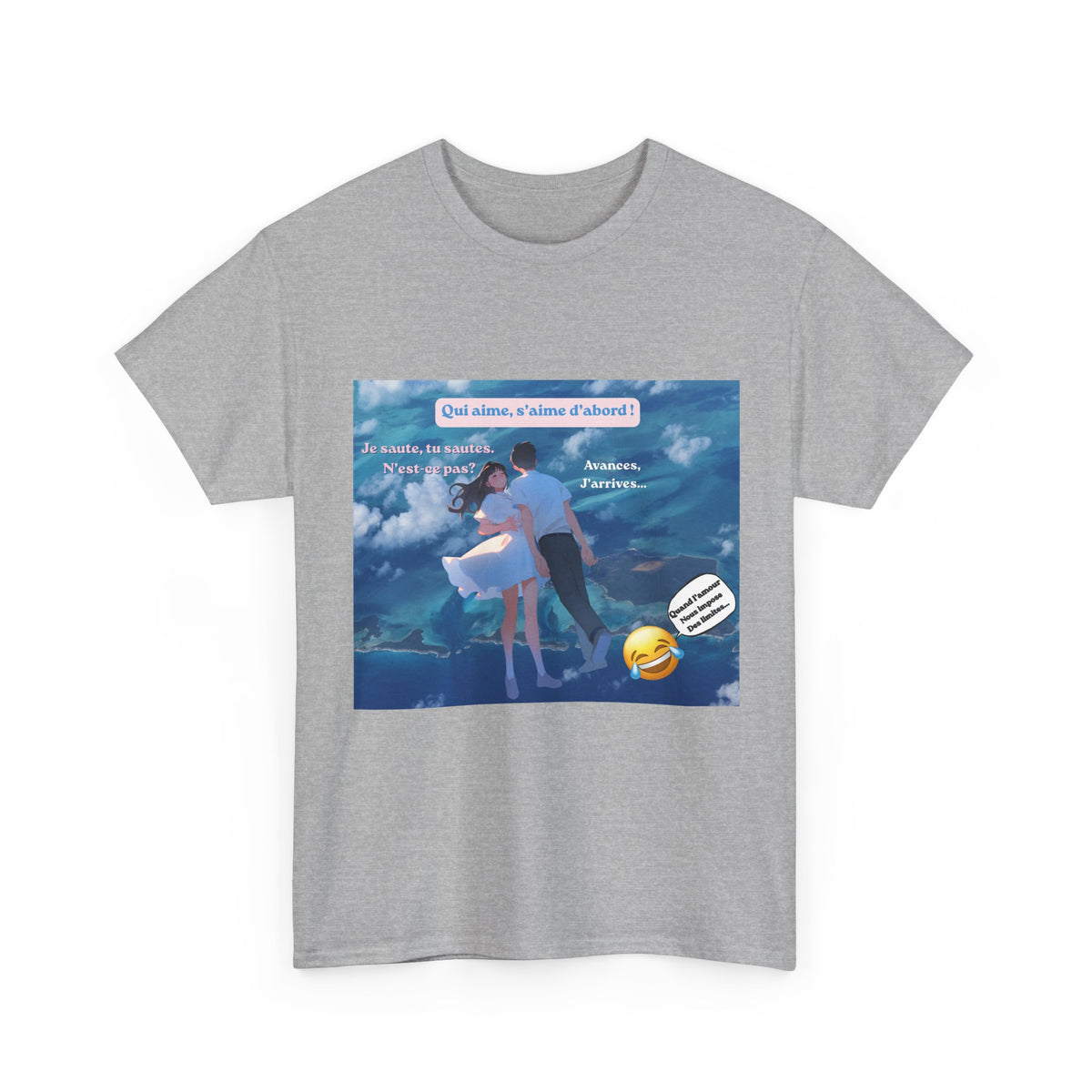 Romantic Couple Anime Tee — French Quote ‘Qui aime, s’aime d’abord’ Graphic T-Shirt