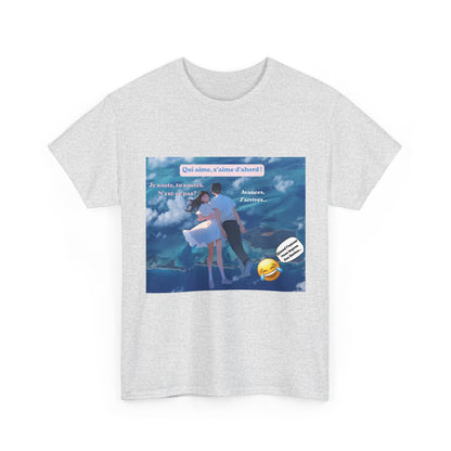 Romantic Couple Anime Tee — French Quote ‘Qui aime, s’aime d’abord’ Graphic T-Shirt