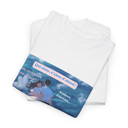 Romantic Couple Anime Tee — French Quote ‘Qui aime, s’aime d’abord’ Graphic T-Shirt