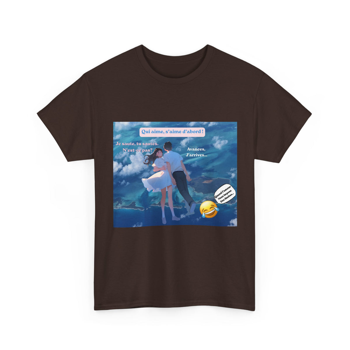 Romantic Couple Anime Tee — French Quote ‘Qui aime, s’aime d’abord’ Graphic T-Shirt