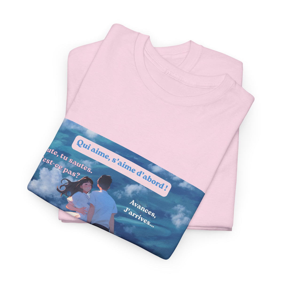 Romantic Couple Anime Tee — French Quote ‘Qui aime, s’aime d’abord’ Graphic T-Shirt