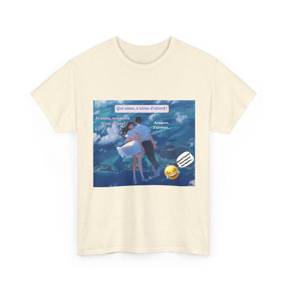 Romantic Couple Anime Tee — French Quote ‘Qui aime, s’aime d’abord’ Graphic T-Shirt
