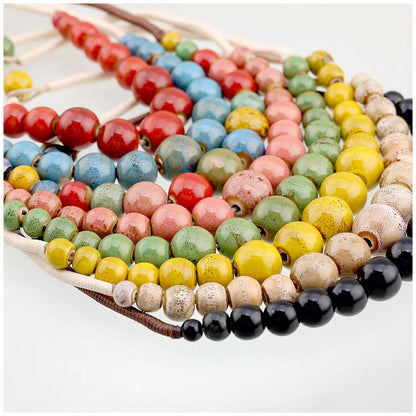 Popular Handmade Wax Rope Ceramic Beads Colorful Stranded Necklace Elastic Bracelet Jewelry Sets Bohemia Chokers Necklaces