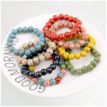 Popular Handmade Wax Rope Ceramic Beads Colorful Stranded Necklace Elastic Bracelet Jewelry Sets Bohemia Chokers Necklaces