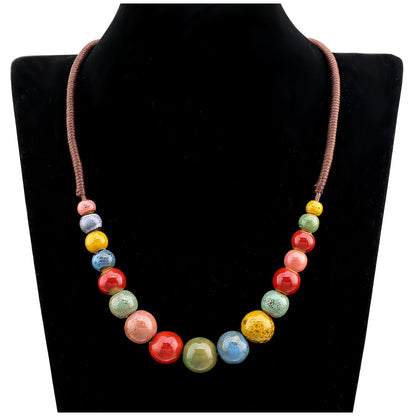 Popular Handmade Wax Rope Ceramic Beads Colorful Stranded Necklace Elastic Bracelet Jewelry Sets Bohemia Chokers Necklaces