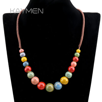 Popular Handmade Wax Rope Ceramic Beads Colorful Stranded Necklace Elastic Bracelet Jewelry Sets Bohemia Chokers Necklaces