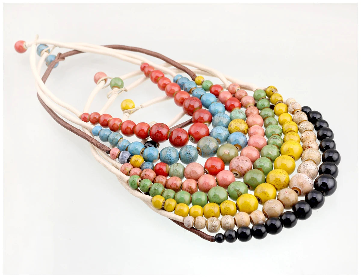 Popular Handmade Wax Rope Ceramic Beads Colorful Stranded Necklace Elastic Bracelet Jewelry Sets Bohemia Chokers Necklaces