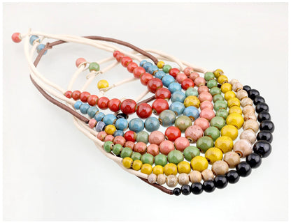Popular Handmade Wax Rope Ceramic Beads Colorful Stranded Necklace Elastic Bracelet Jewelry Sets Bohemia Chokers Necklaces