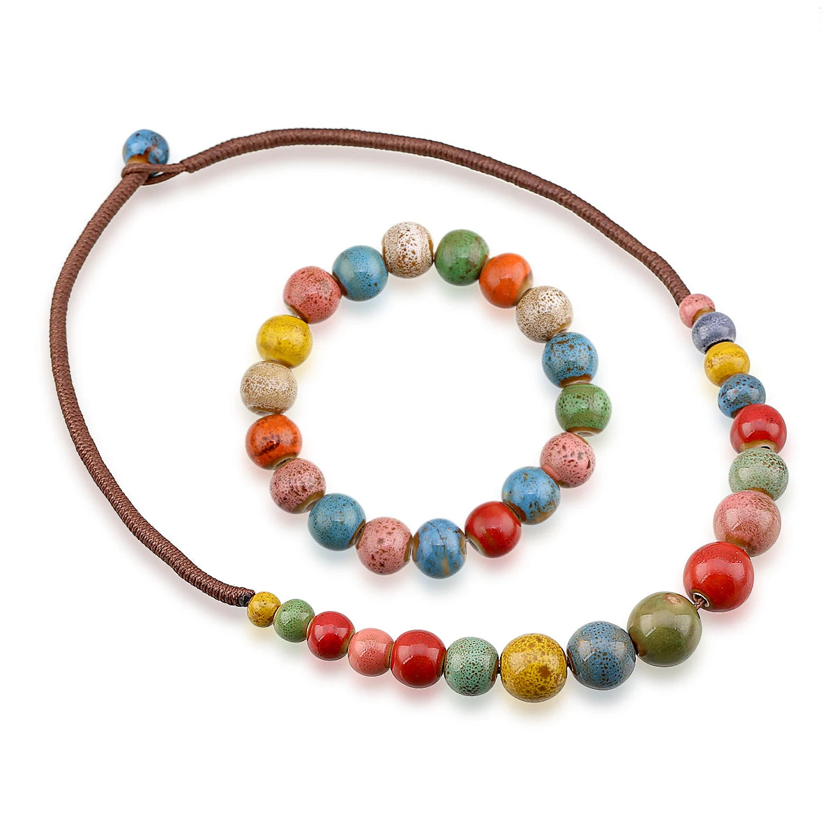 Popular Handmade Wax Rope Ceramic Beads Colorful Stranded Necklace Elastic Bracelet Jewelry Sets Bohemia Chokers Necklaces