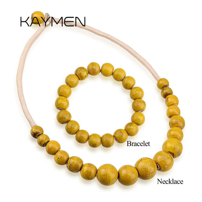 Popular Handmade Wax Rope Ceramic Beads Colorful Stranded Necklace Elastic Bracelet Jewelry Sets Bohemia Chokers Necklaces